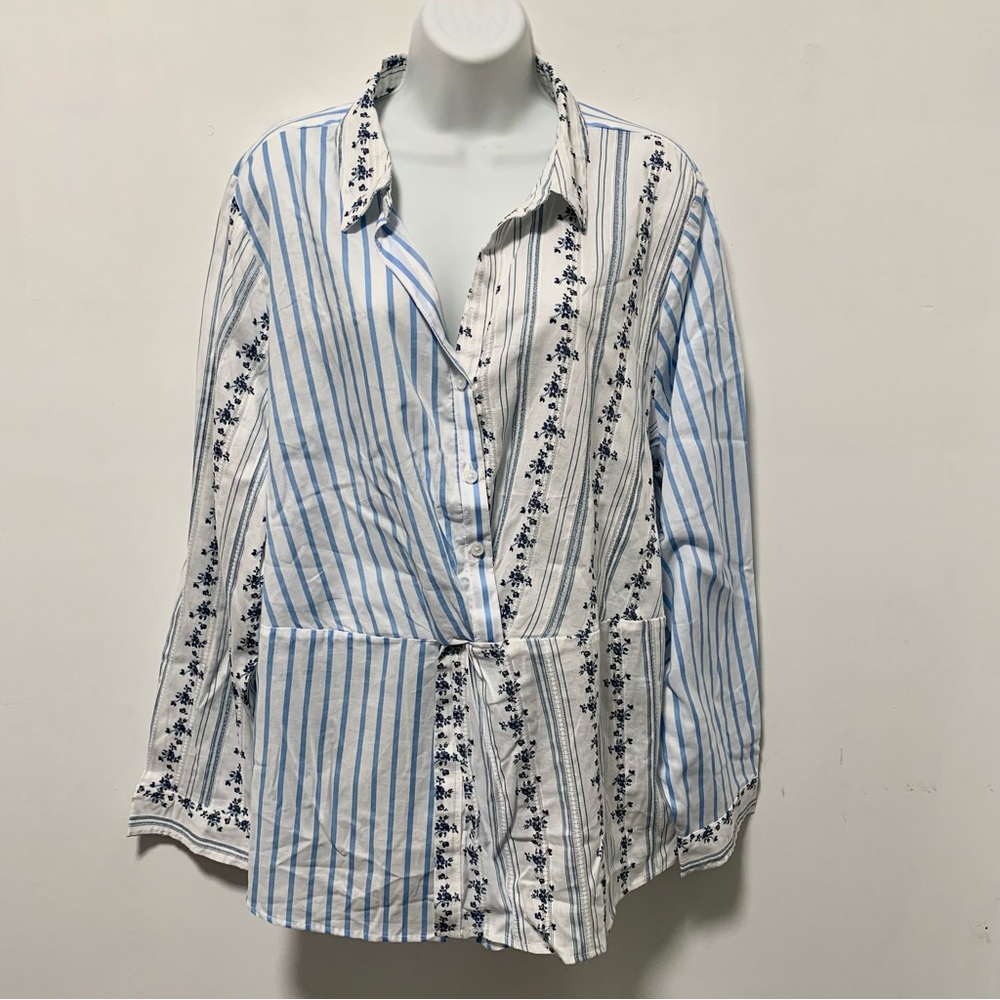 Cato Blue and White Striped Floral Blouse